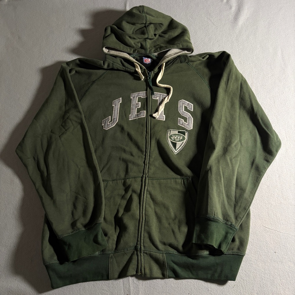 NFL‎ New York Jets Mens 2XL Green Full Zip Hoodie Embroidered Logo Sweatshirt